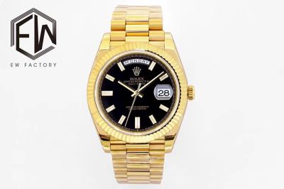 EW Factory Rolex Daydate 40mm 3255 Movement Black Face Baguette Markers Yellow Gold President Band Watch